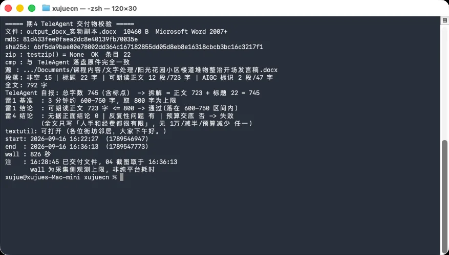 终端校验输出：字节、md5、zip 条目、分段字数