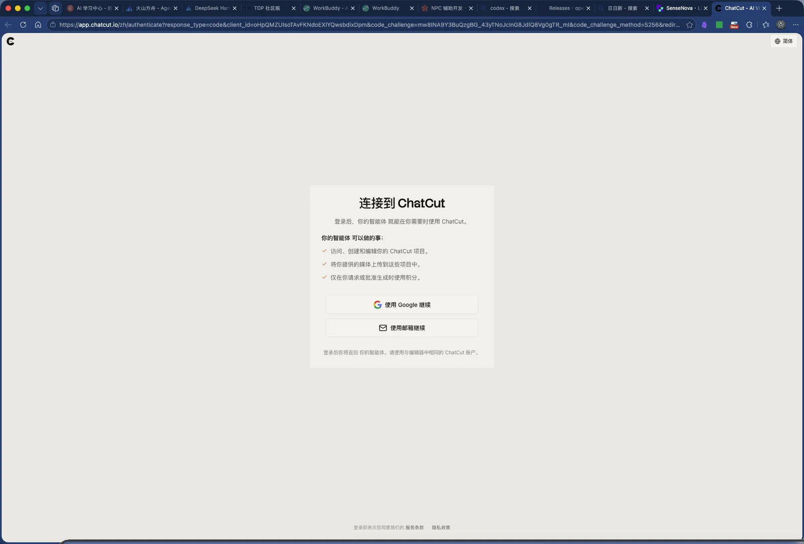 第 6 步：ChatCut 授权页，列出智能体能做的事，可选 Google 或邮箱登录