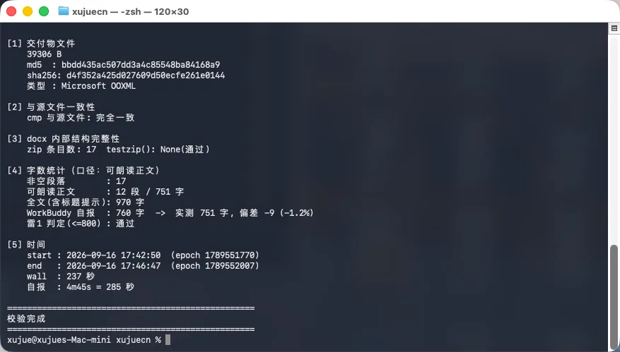 终端校验输出：字节、md5、zip 条目、分段字数